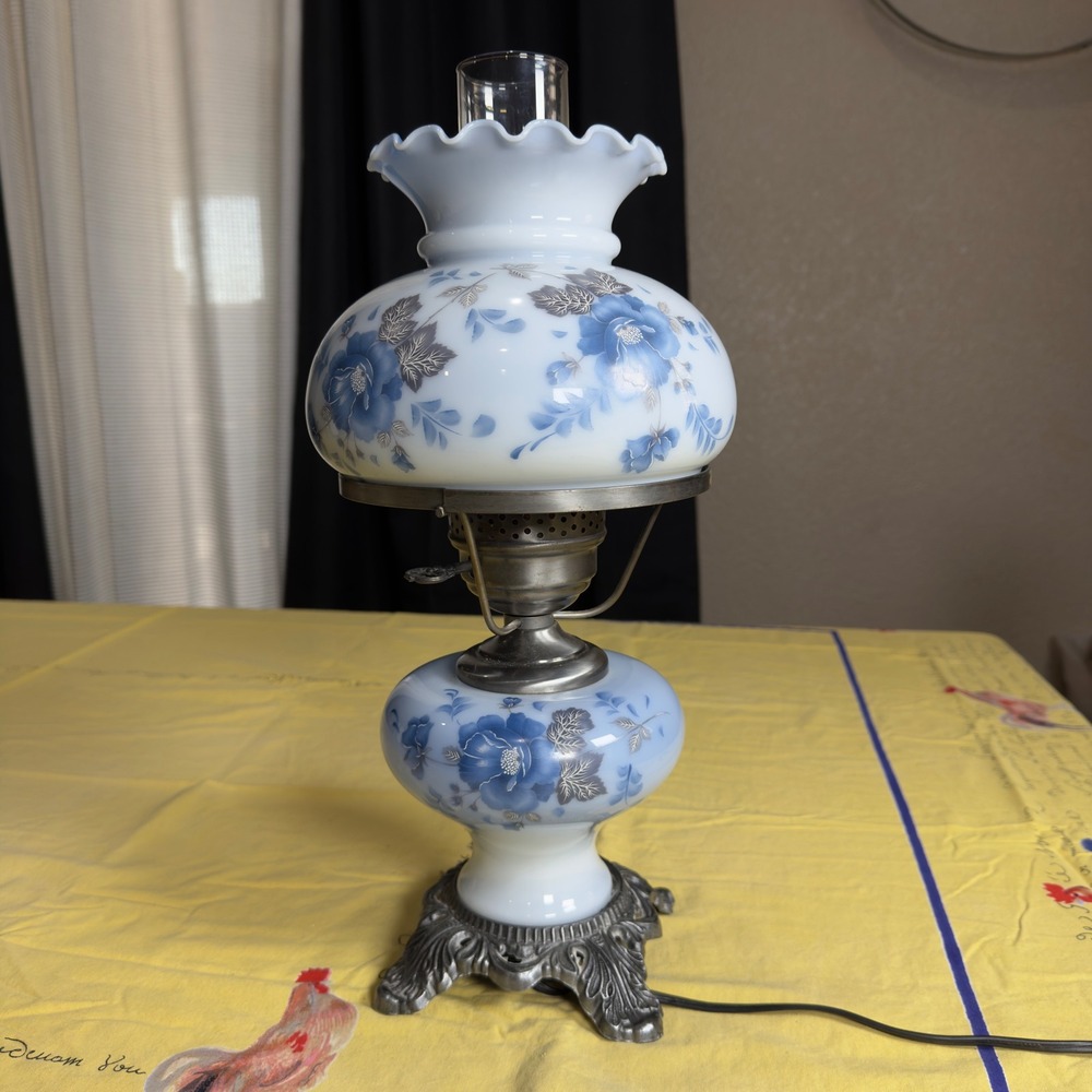 Vintage Blue Floral Milk Glass Hurricane Lamp Electric GWTW Style Ornate Base